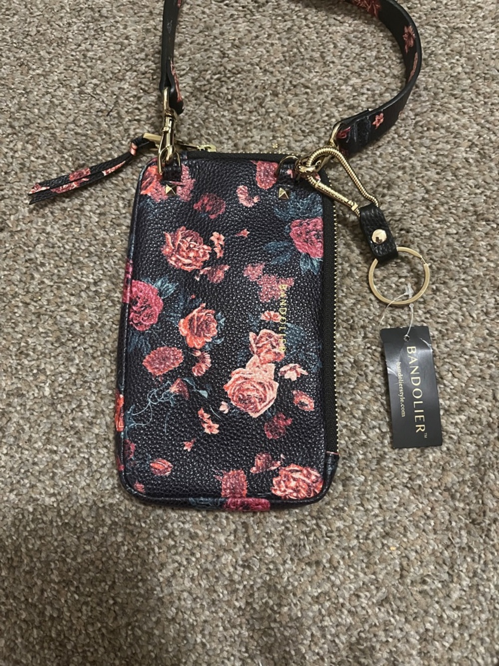 Bandolier Black Floral Crossbody wallet with strap